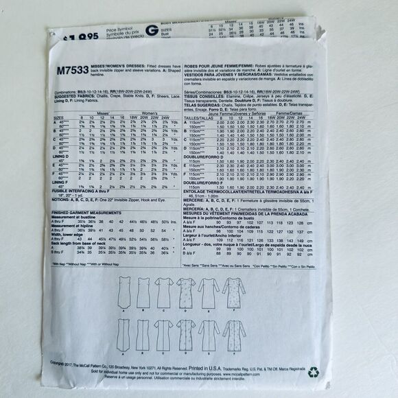 PLUS SIZE Sewing Pattern 7533 Dresses Fitted Sleeve Option 18W-24W UNCUT - Picture 3 of 3